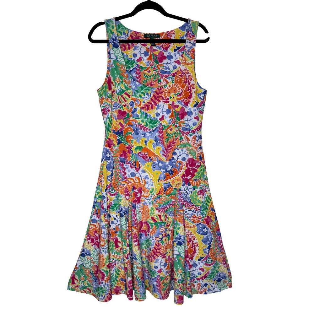 Lauren Ralph Lauren Dress Floral Sleeveless Flared Midi Size M Maximalist Artsy